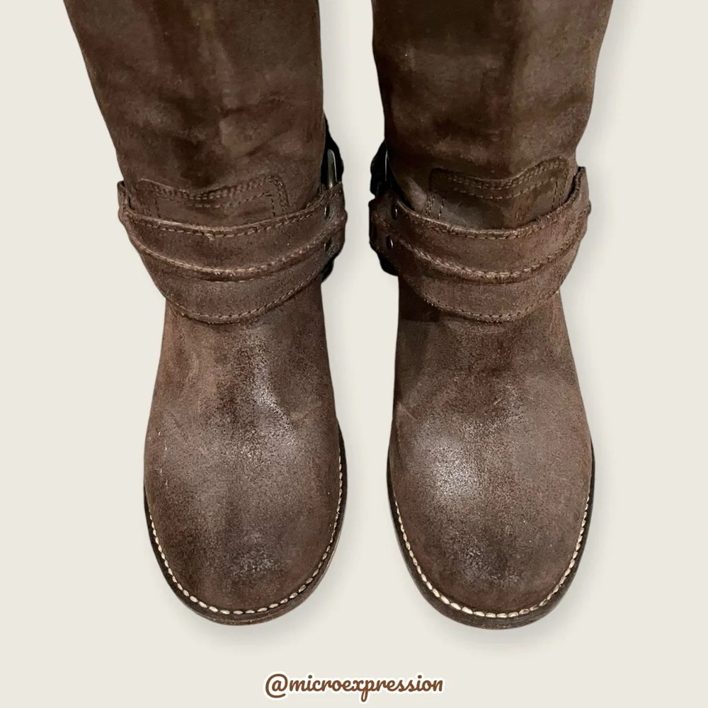 $379 Frye Carmen Harness Motorcycle Brown Leather Mid Calf Pull On Short Boot - Picture 7 of 13